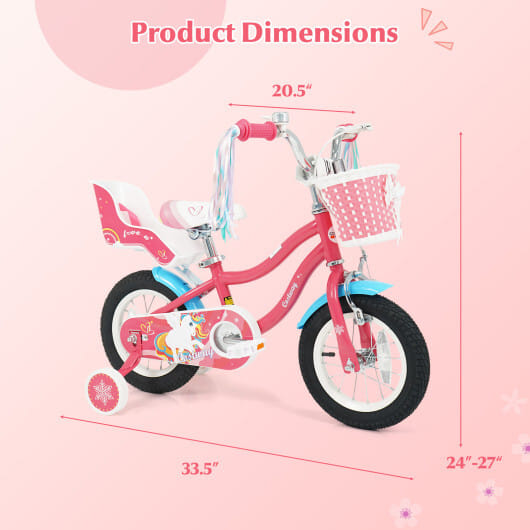12/14/16/18 Inch Girls Bike for 3-8 Years Old Kids Bike with Doll Seat-12 inches - Color: Pink - Size: 12 inches