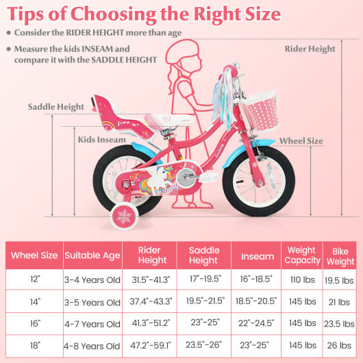 12/14/16/18 Inch Girls Bike for 3-8 Years Old Kids Bike with Doll Seat-12 inches - Color: Pink - Size: 12 inches