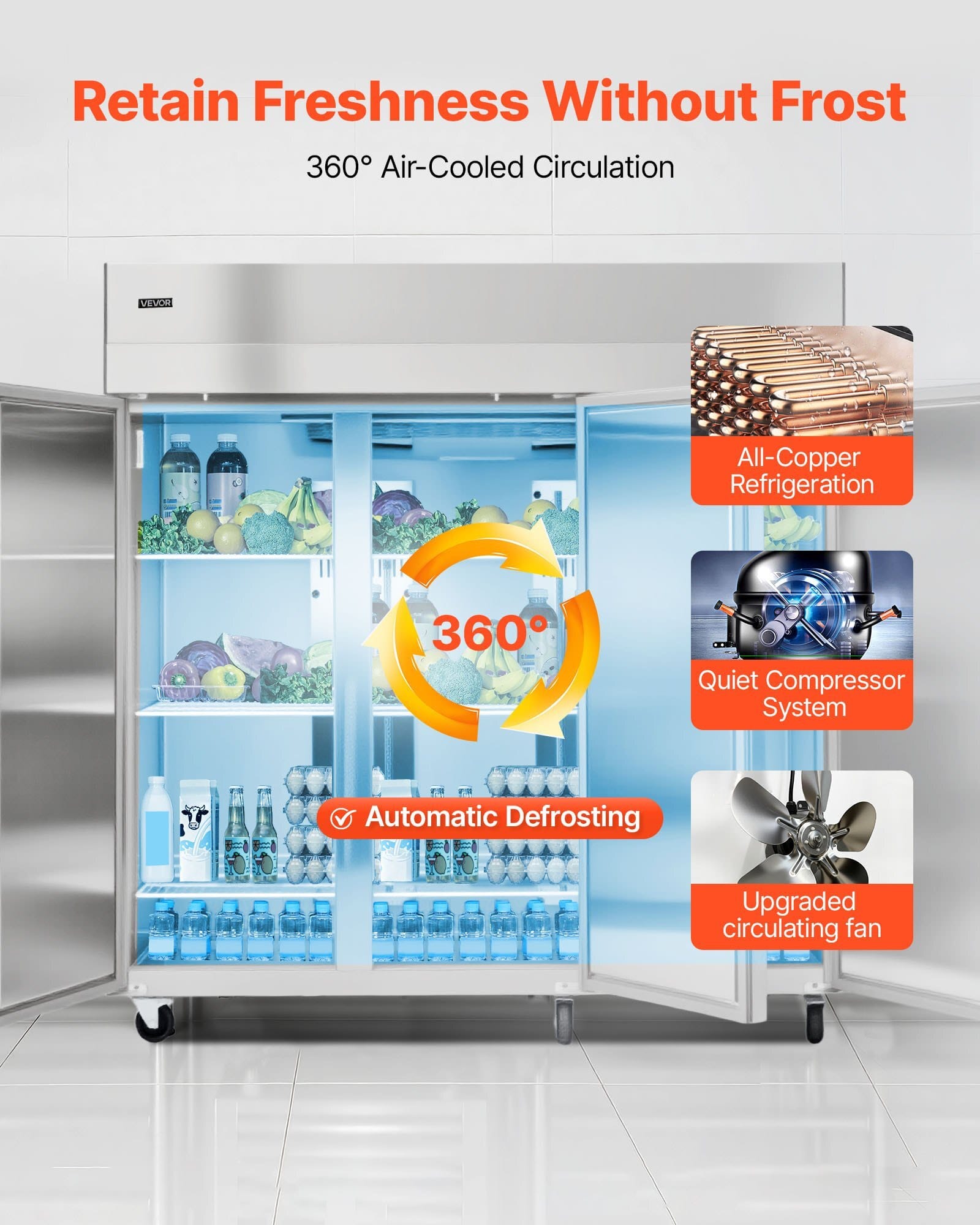 Commercial Reach-In Refrigerator 72" W, 52 Cu.Ft Stainless Steel Upright Refrigerator with Three Doors, Auto-Defrost, 9 Adjustable Shelves, 32 to 50?„‰ Temp Control, UL Certified
