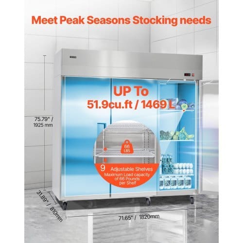 Commercial Reach-In Refrigerator 72" W, 52 Cu.Ft Stainless Steel Upright Refrigerator with Three Doors, Auto-Defrost, 9 Adjustable Shelves, 32 to 50?„‰ Temp Control, UL Certified