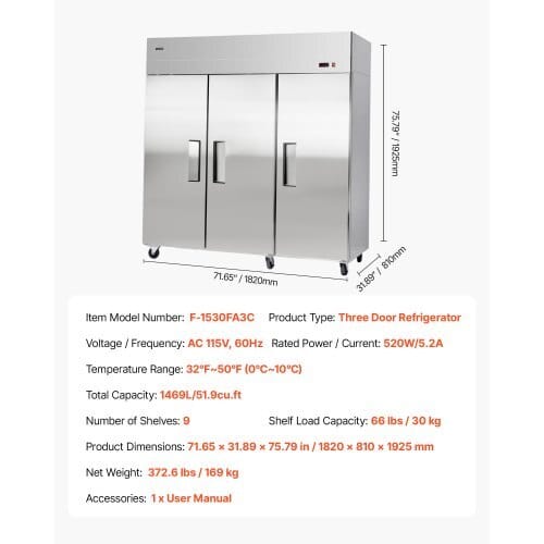Commercial Reach-In Refrigerator 72" W, 52 Cu.Ft Stainless Steel Upright Refrigerator with Three Doors, Auto-Defrost, 9 Adjustable Shelves, 32 to 50?„‰ Temp Control, UL Certified