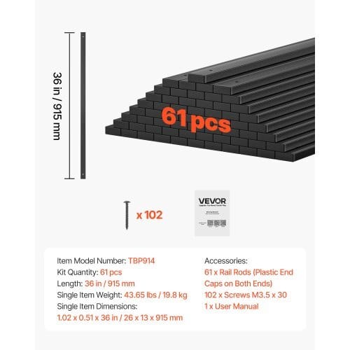 61 Pack Deck Balusters, 36 in Galvanized Steel Railing Spindles, Hollow Rectangle Metal Decking Stair Balusters with Pre-Drilled Hole, End Caps, Screws, for Deck, Porch & Stair Railing, Black