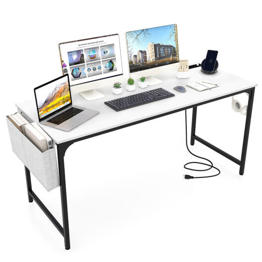 60 Inch Computer Desk with Charging Station Storage Bag-Rustic Brown
