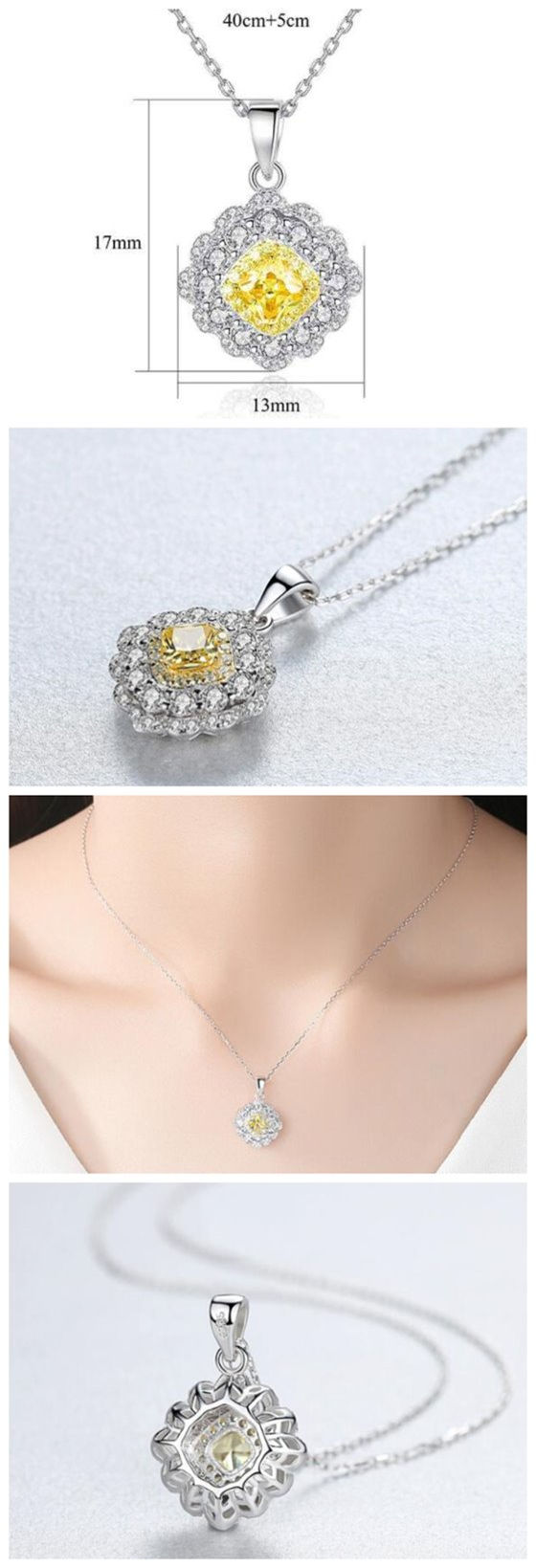 Shining Cubic Zirconia Insert Yellow Gem Rhombus Pendant 925 Sterling Silver Weding Necklace