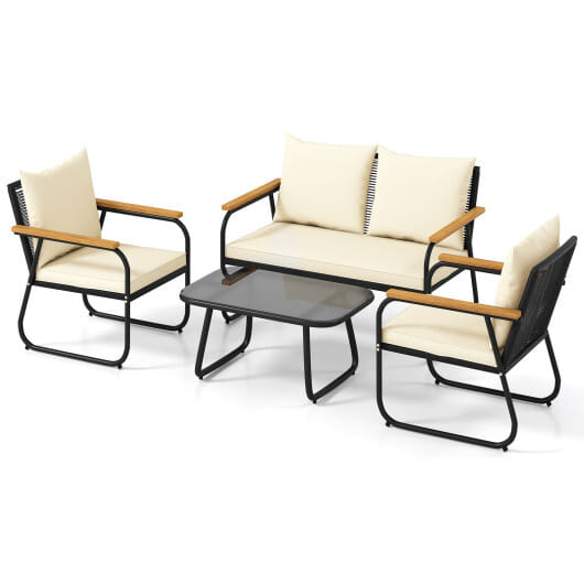 4 Pieces Patio Furniture Set with Tempered Glass Coffee Table - Color: Off White
