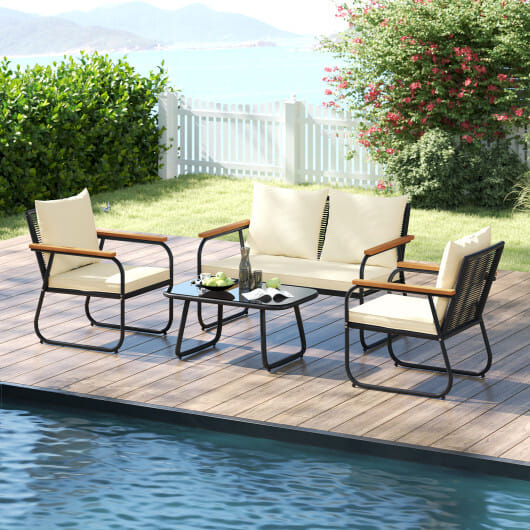 4 Pieces Patio Furniture Set with Tempered Glass Coffee Table - Color: Off White