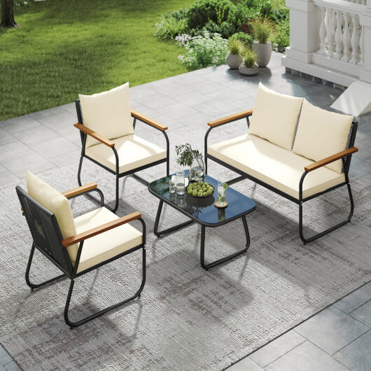 4 Pieces Patio Furniture Set with Tempered Glass Coffee Table - Color: Off White