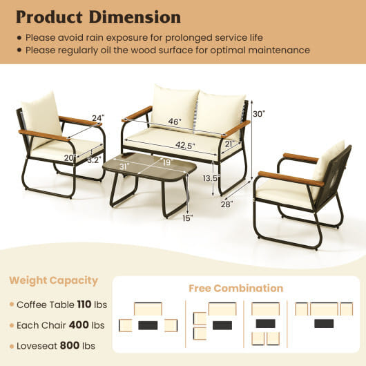 4 Pieces Patio Furniture Set with Tempered Glass Coffee Table - Color: Off White