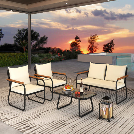 4 Pieces Patio Furniture Set with Tempered Glass Coffee Table - Color: Off White