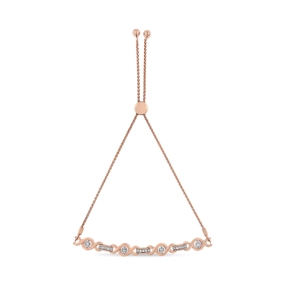 14K Rose Gold Plated .925 Sterling Silver Channel Set Diamond Accent Twist 4"-10" Adjustable Bolo Bracelet (I-J Color, I3 Clarity)