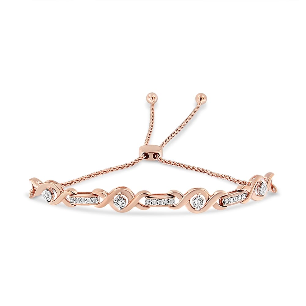 14K Rose Gold Plated .925 Sterling Silver Channel Set Diamond Accent Twist 4"-10" Adjustable Bolo Bracelet (I-J Color, I3 Clarity)