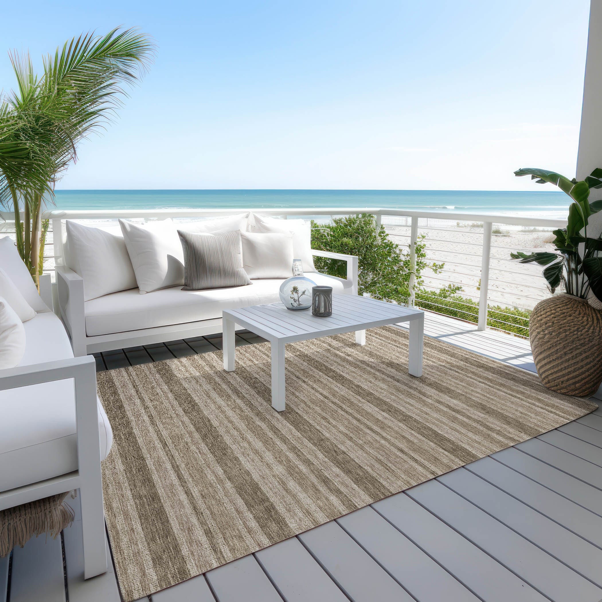 9' X 12' Taupe Striped Washable Indoor Outdoor Area Rug
