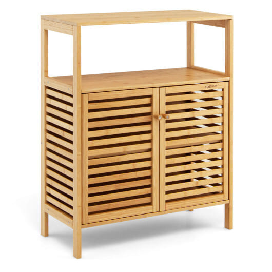 Bamboo Bathroom Floor Storage Cabinet with Shutter Doors-Natural - Color: Natural