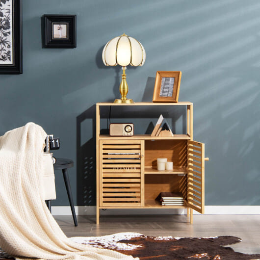 Bamboo Bathroom Floor Storage Cabinet with Shutter Doors-Natural - Color: Natural