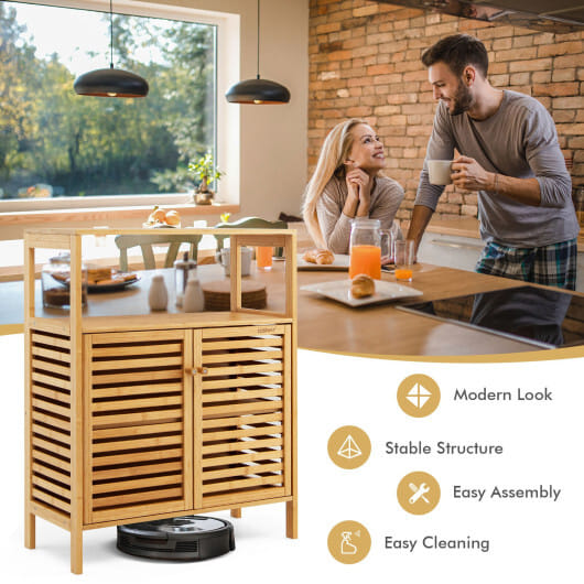 Bamboo Bathroom Floor Storage Cabinet with Shutter Doors-Natural - Color: Natural
