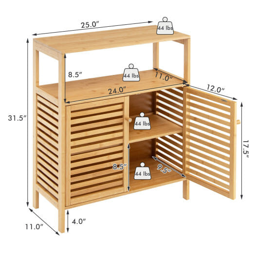 Bamboo Bathroom Floor Storage Cabinet with Shutter Doors-Natural - Color: Natural