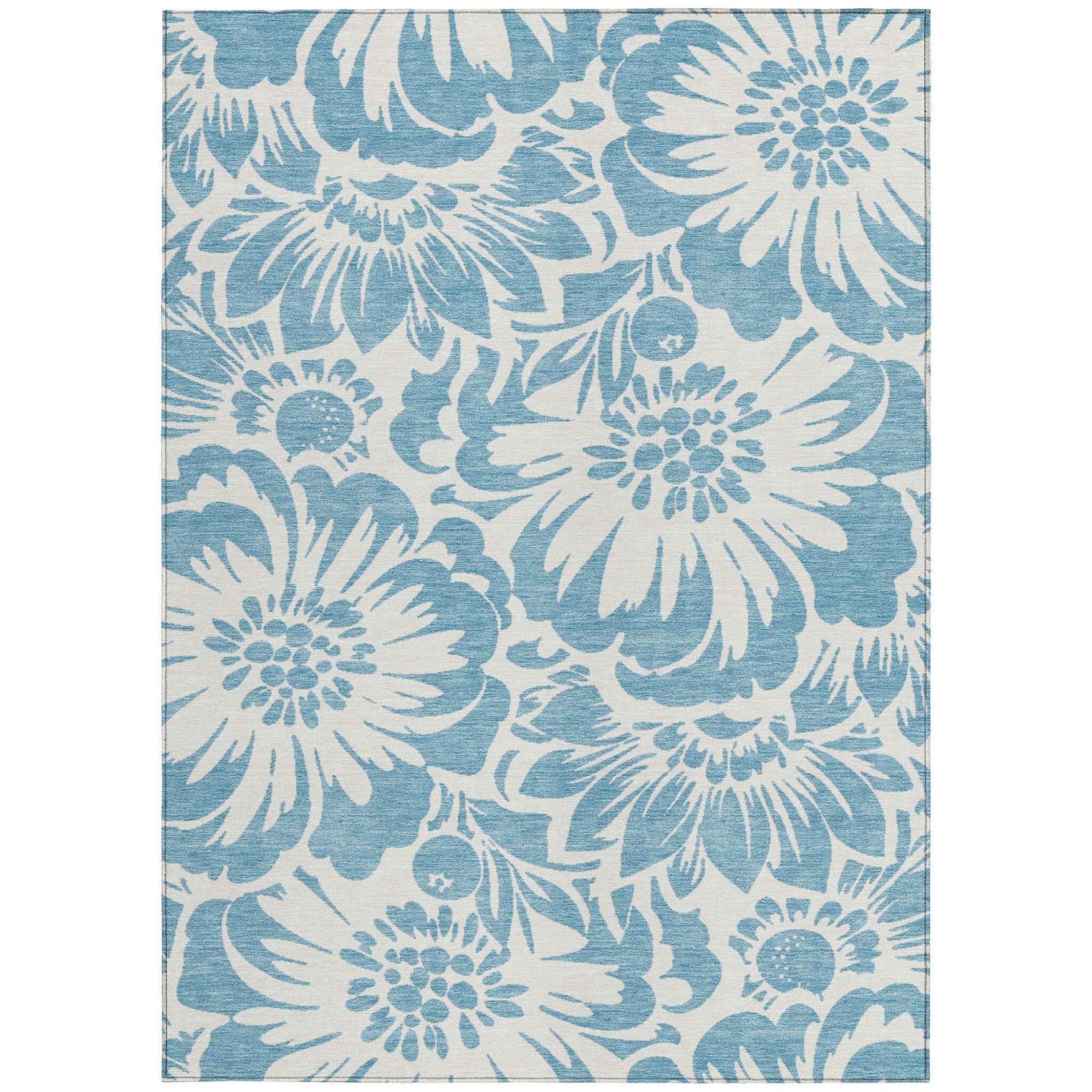 9' X 12' Denim and Ivory Floral Washable Non Skid Indoor Outdoor Area Rug