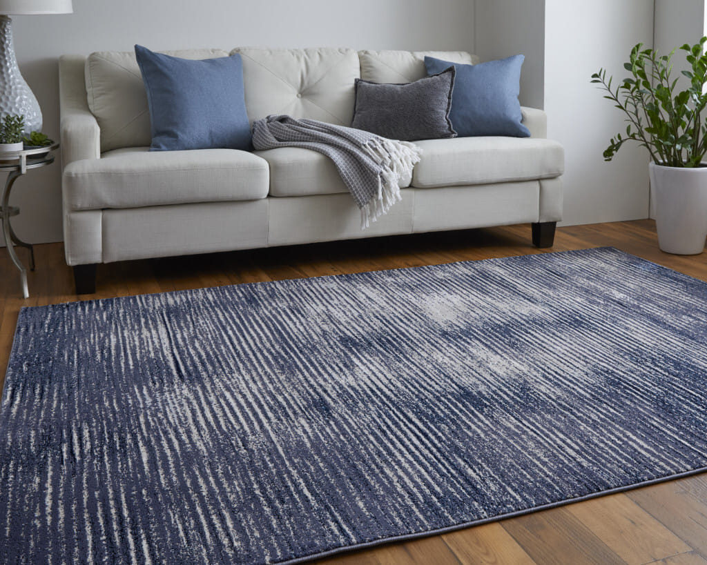 8' X 10' Blue and Ivory Striped Power Loom Distressed Non Skid Area Rug