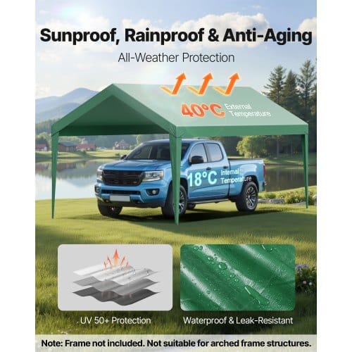 Carport Replacement Canopy, 10 x 20 ft Potable Garage Tent Top Tarp, UV-Resistant & Waterproof Car Shelter Tarp, Heavy Duty Car Port Cover with Ball Buggees, Dark Green, Frame Not Included