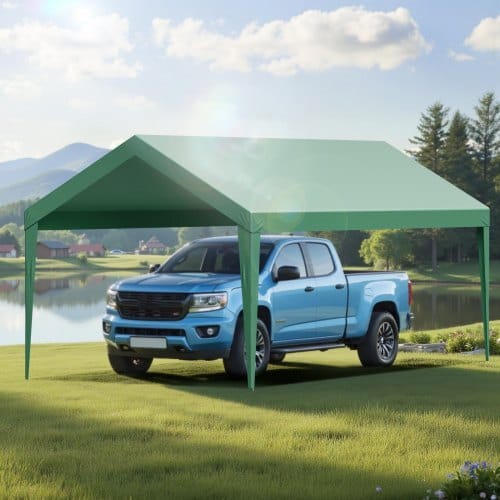 Carport Replacement Canopy, 10 x 20 ft Potable Garage Tent Top Tarp, UV-Resistant & Waterproof Car Shelter Tarp, Heavy Duty Car Port Cover with Ball Buggees, Dark Green, Frame Not Included