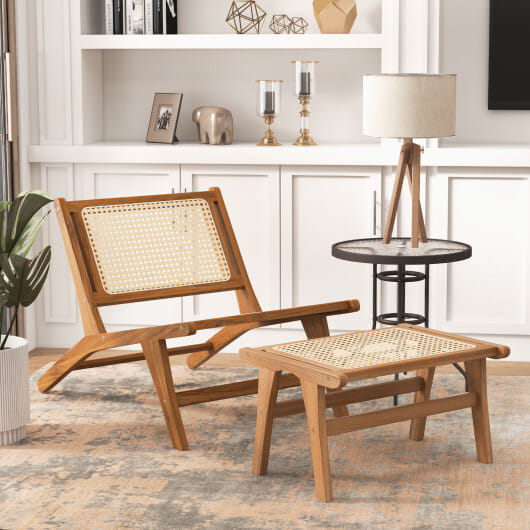 Mid Century Modern Accent Chair Farmhouse Handwoven Rattan Chair with Ottoman