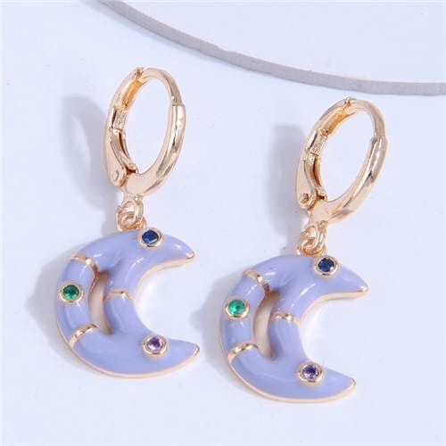 Oil-spot Glazed Shining Rhinestone Dangle Moon Wholesale Ear Clips - Purple