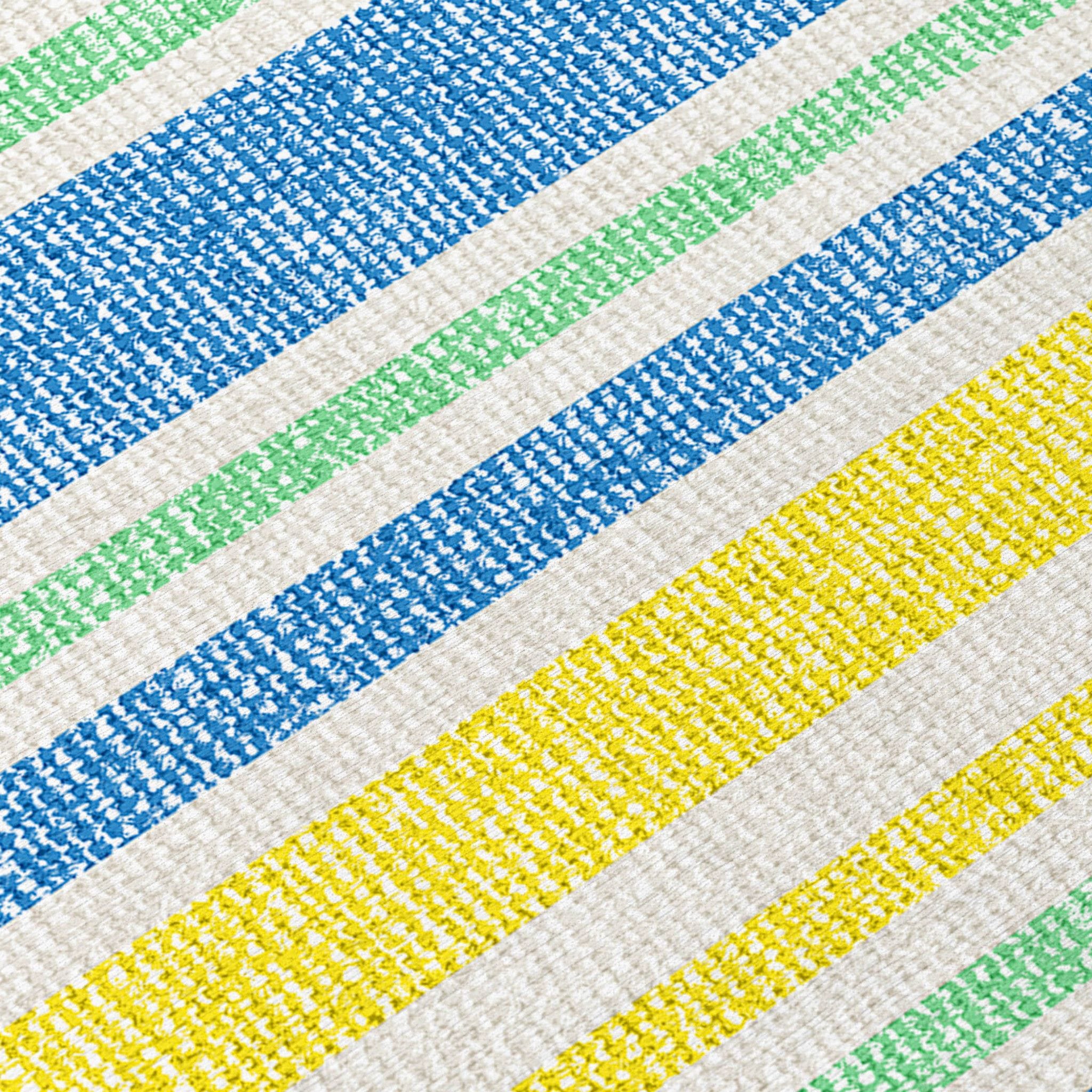8' X 10' Blue Yellow and Green Striped Washable Non Skid Indoor Outdoor Area Rug