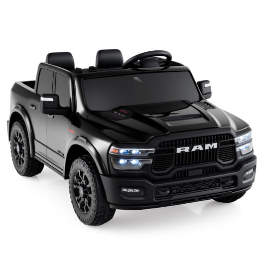 2 Seater 24V Ride on Toy for Big Kids Licensed Ram Truck with Remote and Music-Black - Color: Black
