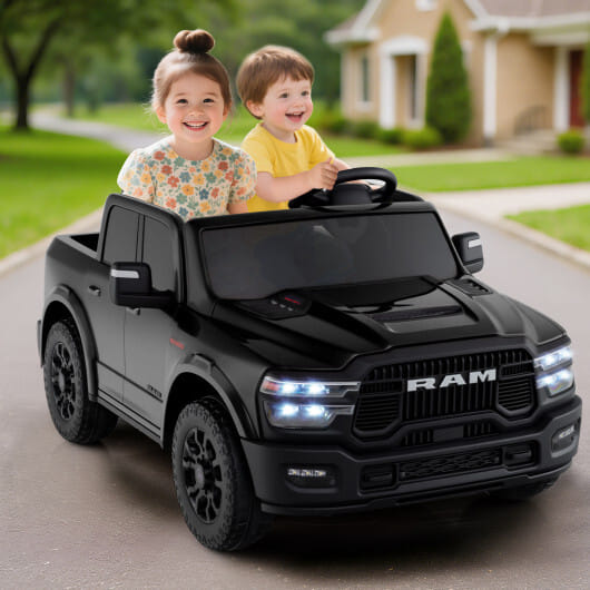 2 Seater 24V Ride on Toy for Big Kids Licensed Ram Truck with Remote and Music-Black - Color: Black