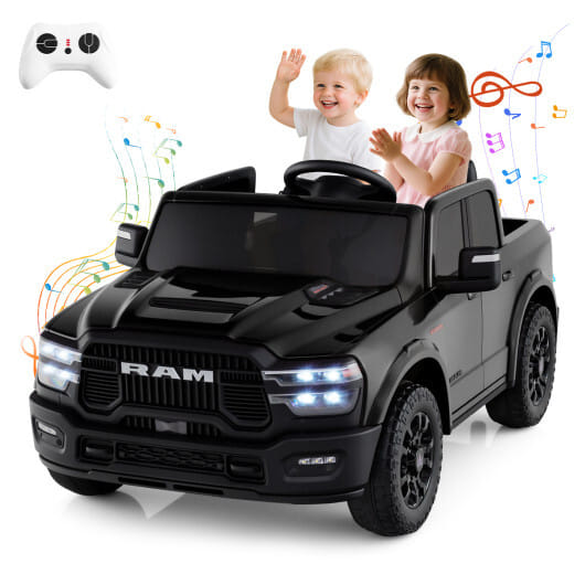 2 Seater 24V Ride on Toy for Big Kids Licensed Ram Truck with Remote and Music-Black - Color: Black