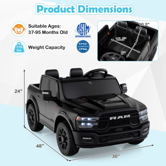 2 Seater 24V Ride on Toy for Big Kids Licensed Ram Truck with Remote and Music-Black - Color: Black