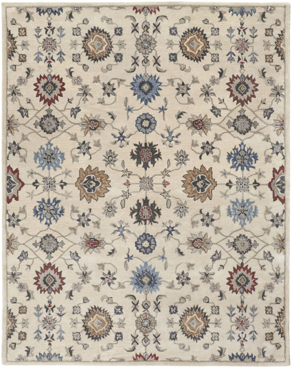9' X 12' Ivory and Blue Wool Floral Hand Tufted Area Rug
