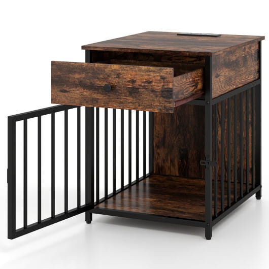 Dog Crate Furniture for Small Dogs Wooden Puppy Kennel with Charging Station-Rustic Brown