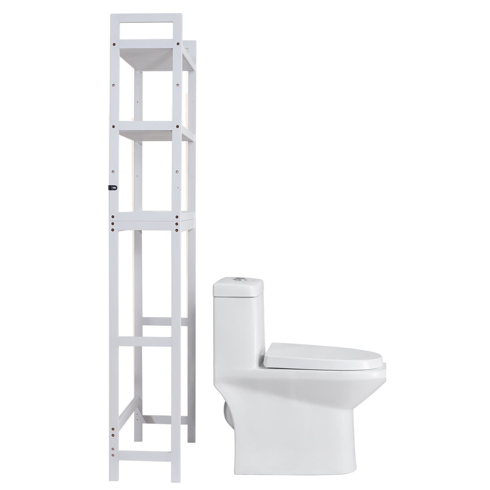 Over the Toilet Storage, 3-Tier Adjustable Over Toilet Bathroom Organizer, Bamboo Storage Shelf Rack with 3 Hooks, Freestanding Easy Assembly Laundry Space Saver, Fit Most Toilets, White