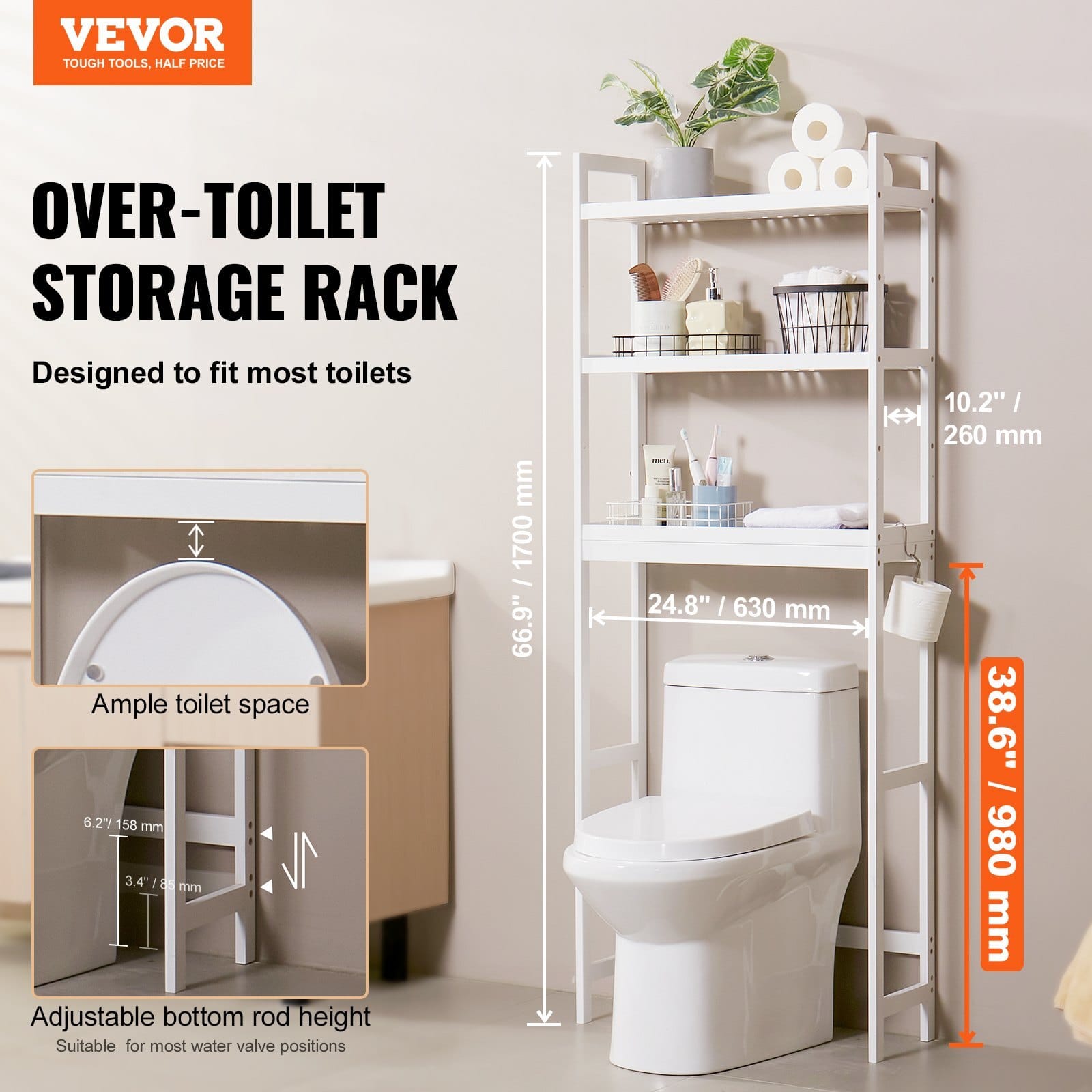 Over the Toilet Storage, 3-Tier Adjustable Over Toilet Bathroom Organizer, Bamboo Storage Shelf Rack with 3 Hooks, Freestanding Easy Assembly Laundry Space Saver, Fit Most Toilets, White