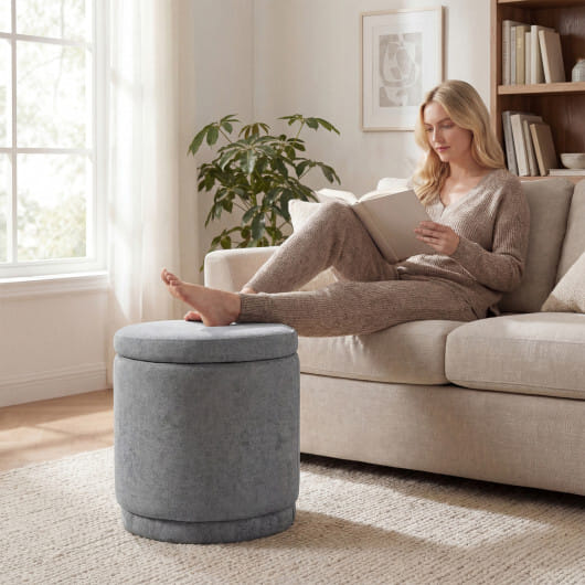 Round Storage Ottoman Foot Rest with Removable Lid and Acacia Wood Frame-Gray - Color: Gray