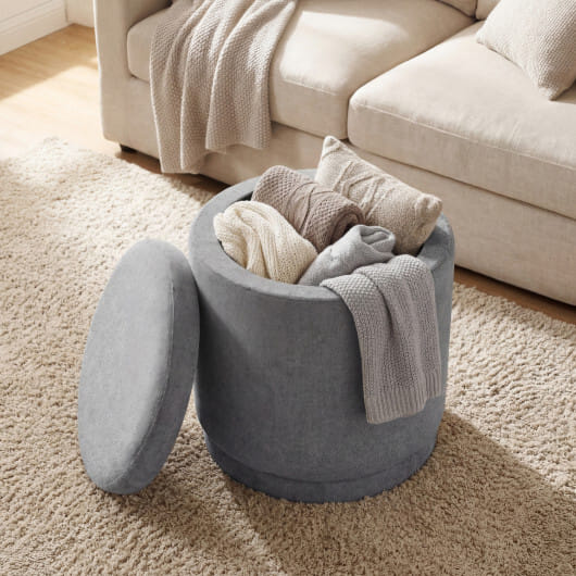 Round Storage Ottoman Foot Rest with Removable Lid and Acacia Wood Frame-Gray - Color: Gray
