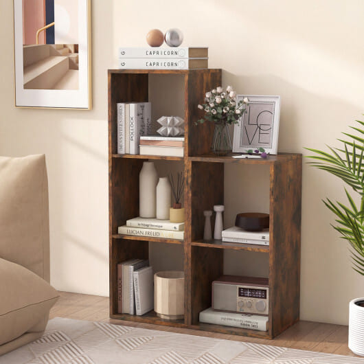 3 Cube Bookshelf with Back Guardrail for Living Room Bedroom-Brown - Color: Brown