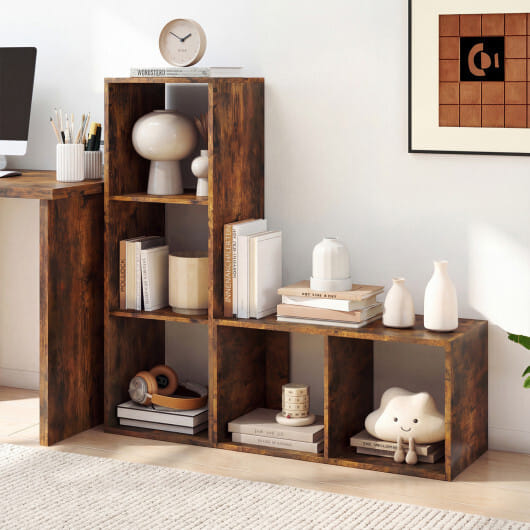 3 Cube Bookshelf with Back Guardrail for Living Room Bedroom-Brown - Color: Brown