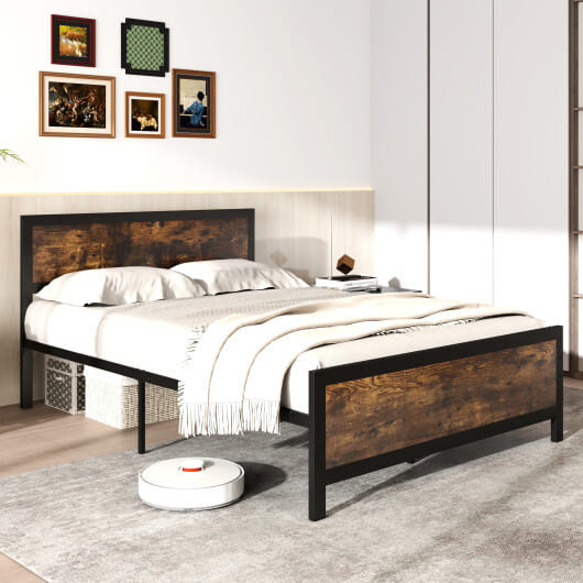 Metal Bed Frame with Headboard and Footboard-Full Size - Color: Rustic Brown - Size: Full Size