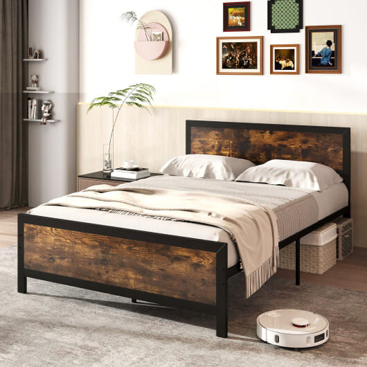 Metal Bed Frame with Headboard and Footboard-Full Size - Color: Rustic Brown - Size: Full Size