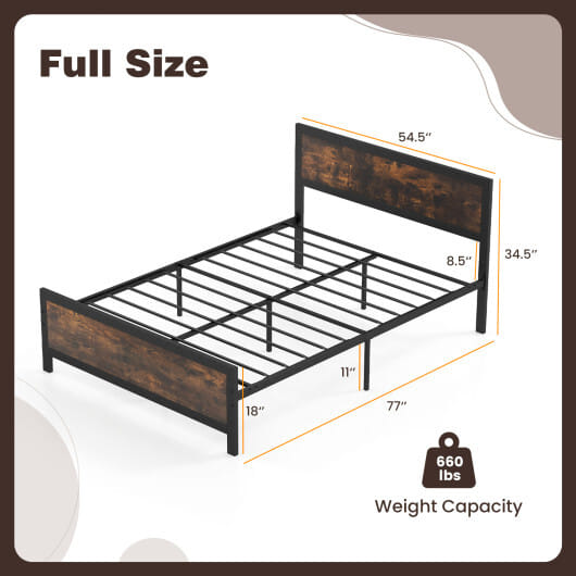 Metal Bed Frame with Headboard and Footboard-Full Size - Color: Rustic Brown - Size: Full Size