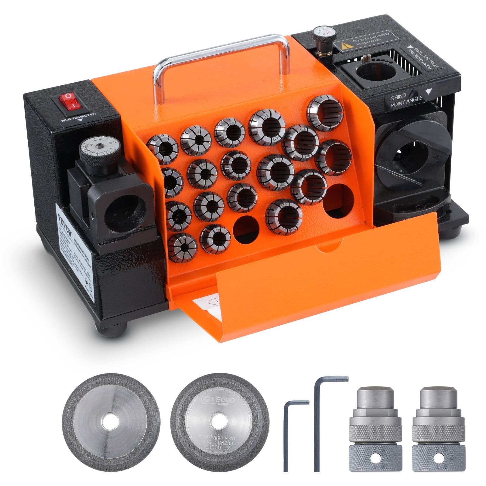 Drill Bits Sharpener, 3-20mm End Mill Grinder Sharpener, Lip Relief Angle & 95?°-135?° Point Angle Adjustable Drill Bit Re-Sharpener, Portable Sharpening Machine with 18 Collets, CBN & SDC Wheel
