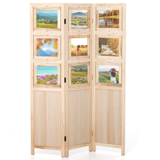 3 Panel Folding Privacy Screen with 9 Swivel Paulownia Wood Photo Frames-Natural - Color: Natural