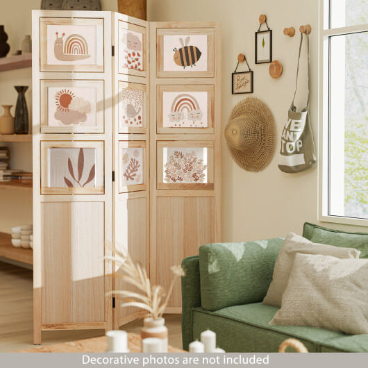 3 Panel Folding Privacy Screen with 9 Swivel Paulownia Wood Photo Frames-Natural - Color: Natural