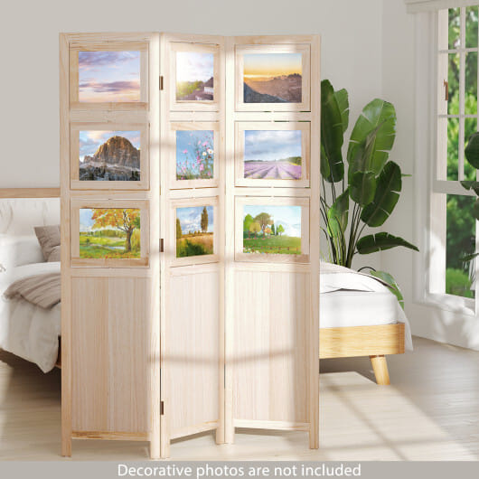 3 Panel Folding Privacy Screen with 9 Swivel Paulownia Wood Photo Frames-Natural - Color: Natural