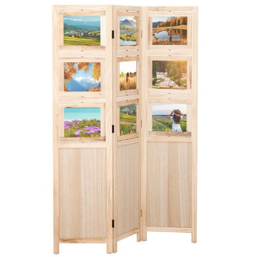 3 Panel Folding Privacy Screen with 9 Swivel Paulownia Wood Photo Frames-Natural - Color: Natural