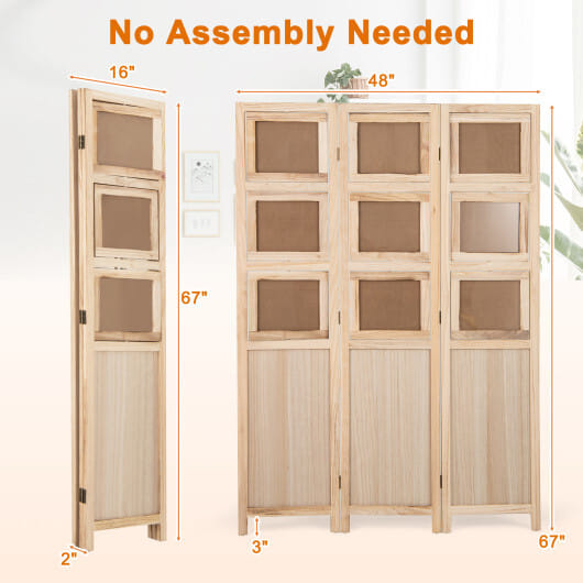 3 Panel Folding Privacy Screen with 9 Swivel Paulownia Wood Photo Frames-Natural - Color: Natural