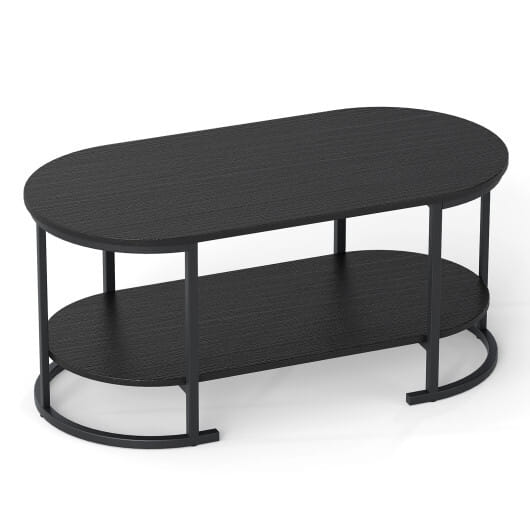 Oval Coffee Table 2-Tier Wooden Accent Table with Spacious Tabletop and Open Storage Shelf-Black - Color: Black