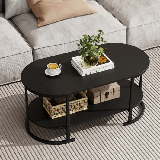 Oval Coffee Table 2-Tier Wooden Accent Table with Spacious Tabletop and Open Storage Shelf-Black - Color: Black